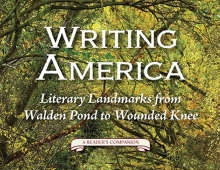 Cover of Writing America: Literary Landmarks from Walden Pond to Wounded Knee. Photo backdrop shows forest in fall
